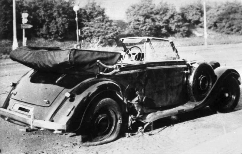 Reinhard Heydrich's car (a Mercedes-Benz 320 Convertible B) after the 1942 assassination attempt in Prague.